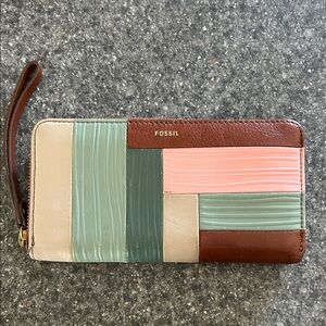 Fossil Patchwork Wallet in Brown, Pink, and Green